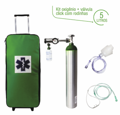 Kit Oxigênio Portátil 5 Litros click 0-15 Bolsa Verde C/ Rodinhas